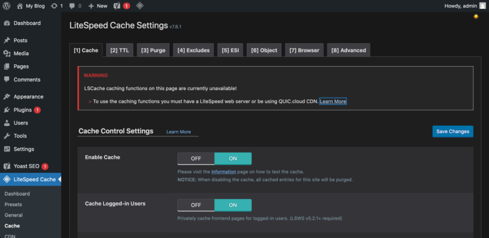 WordPress LiteSpeed Cache plugin settings page displaying a warning that caching functions are unavailable without a LiteSpeed web server or QUIC.cloud CDN.