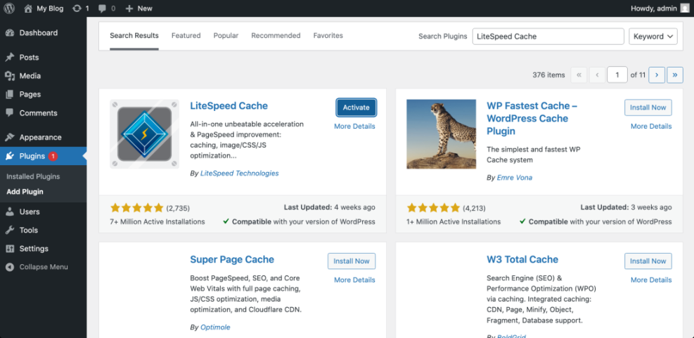 WordPress 'Add Plugins' screen showing LiteSpeed Cache plugin with 'Activate' button, ready for LSCache WordPress configuration.