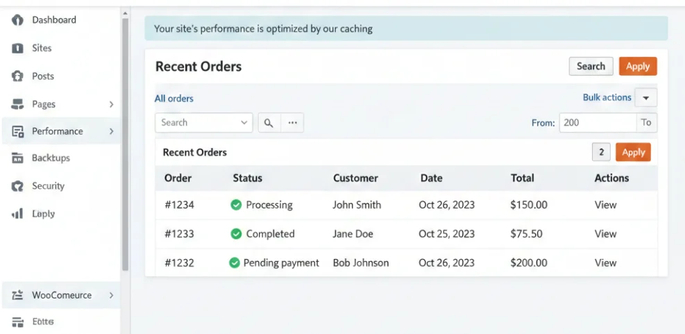Managed WordPress hosting dashboard showcasing performance optimization through caching and a list of recent orders.