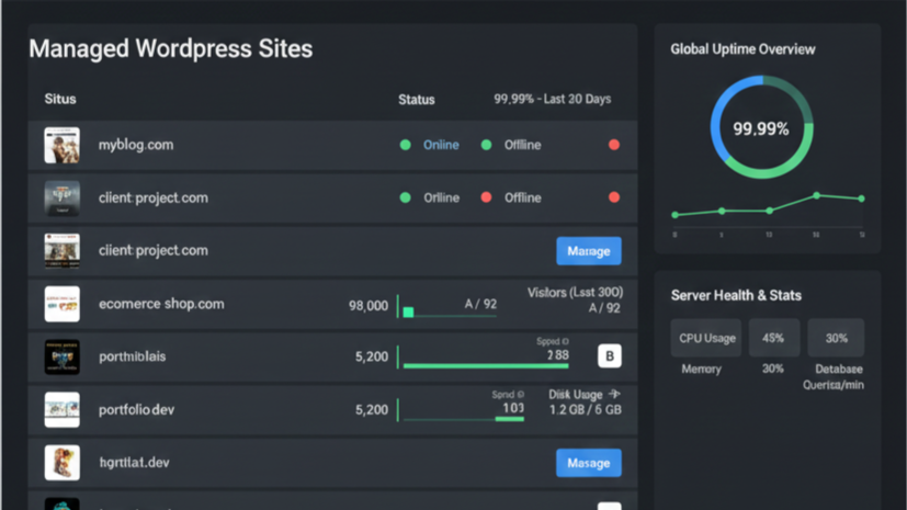 A managed WordPress hosting dashboard displaying site uptime, visitor statistics, performance metrics, and server health like CPU, memory, and disk usage.