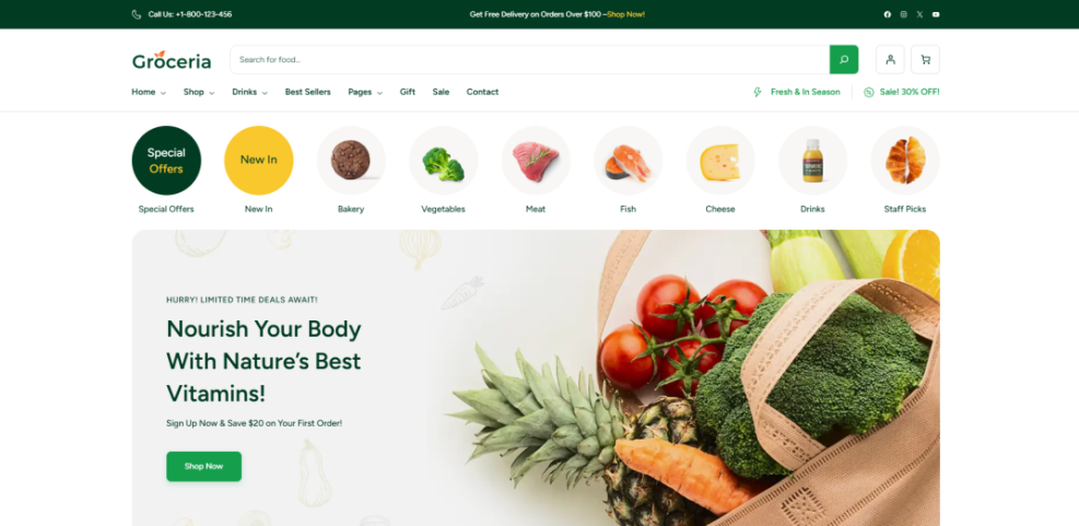 Groceria online grocery store website homepage featuring fresh produce, fruits, vegetables, bakery items, and special offers.