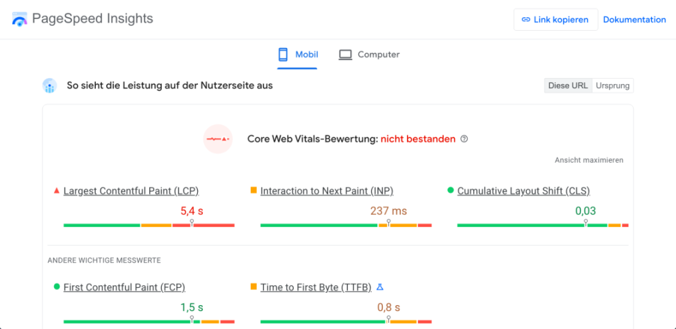 Google PageSpeed Insights report showing a WordPress website failing Core Web Vitals for mobile with a slow Largest Contentful Paint (LCP) of 5.4s.