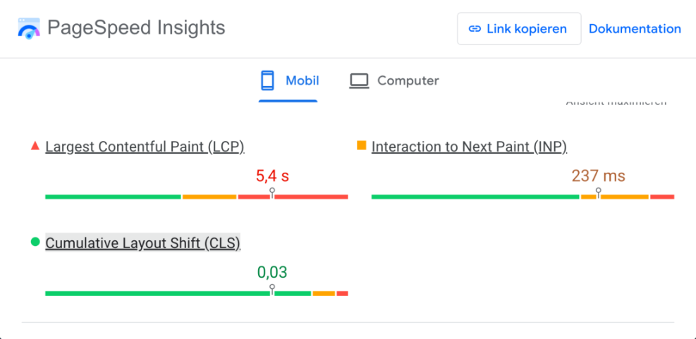 PageSpeed Insights mobile report for Core Web Vitals showing LCP 5.4s, INP 237ms, and a good CLS 0.03 score.