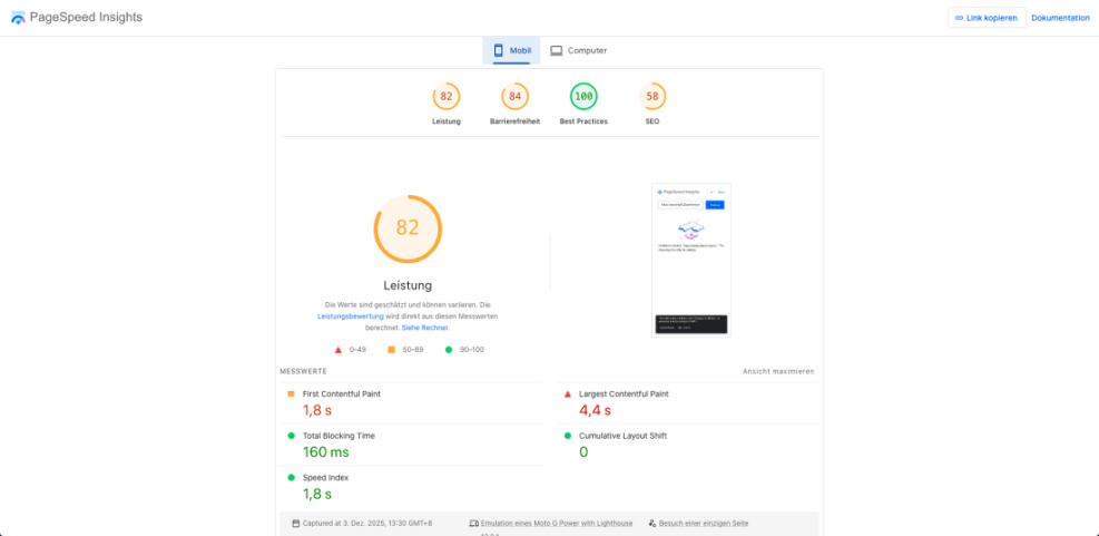 Google PageSpeed Insights mobile performance report for a WordPress site, showing an 82 score and key metrics.