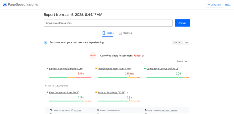 Google PageSpeed Insights report showing failed Core Web Vitals for wordpress.com on mobile, highlighting the need to speed up a WordPress website.