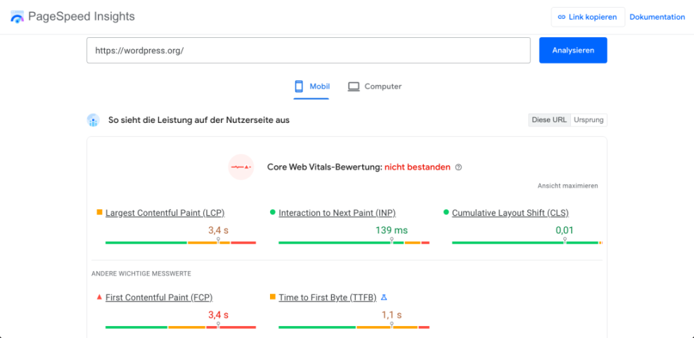 Google PageSpeed Insights report showing wordpress.org failing Core Web Vitals on mobile due to slow LCP, FCP, and TTFB.