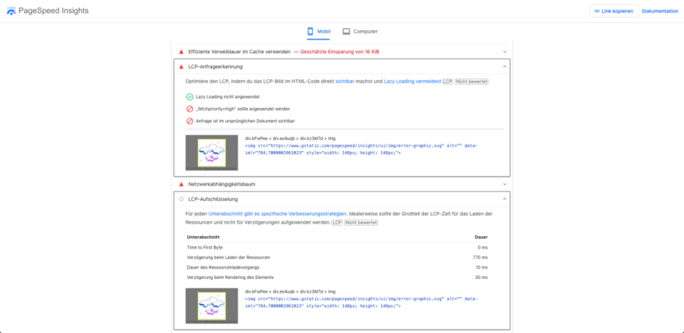 Google PageSpeed Insights report detailing LCP image optimization advice for a WordPress site, highlighting lazy loading and fetchpriority suggestions.