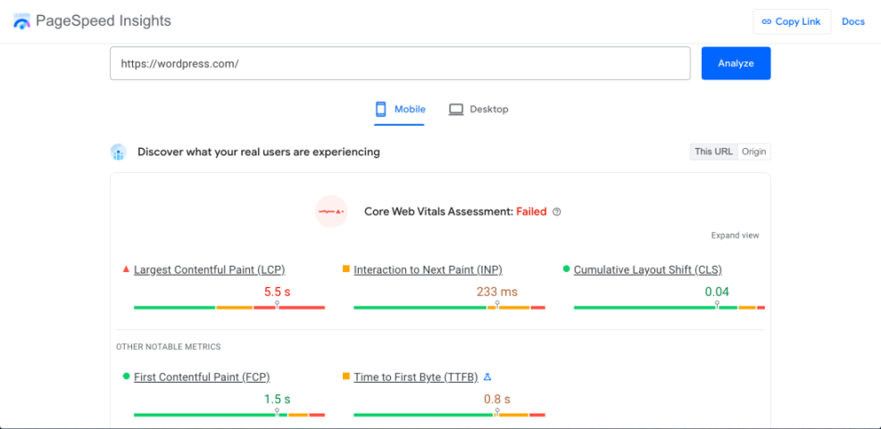Google PageSpeed Insights report showing WordPress.com with a failed Core Web Vitals assessment, highlighting poor LCP and INP.