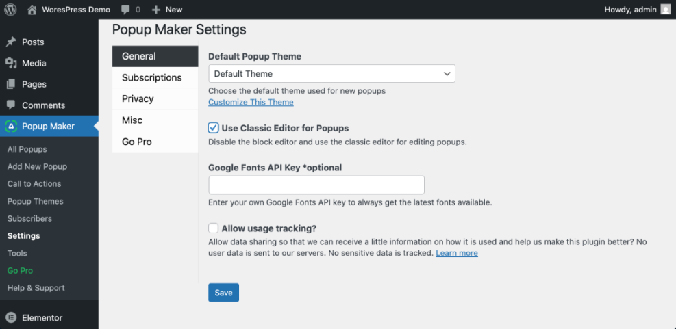 Popup Maker plugin general settings in WordPress dashboard, displaying options for default theme, classic editor, and Google Fonts API key.