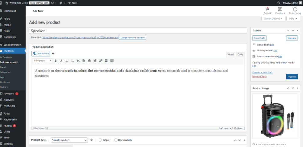 WooCommerce 'Add new product' page displaying details for a portable speaker with microphones, illustrating product setup.