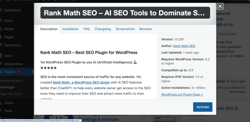 WordPress admin modal displaying Rank Math SEO plugin details with AI features, version, requirements, and an 'Activate' button, demonstrating a WordPress plugin.