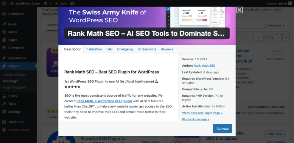 How to install WordPress plugins: Rank Math SEO plugin details visible in the Add Plugin modal on the WordPress dashboard.