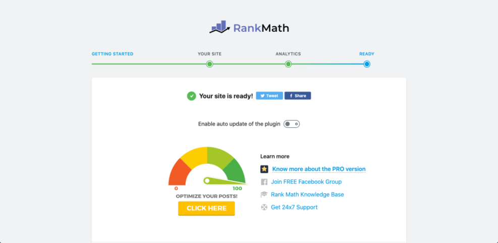 Rank Math SEO plugin setup complete screen in WordPress, showing the 'Your site is ready!' message and a prompt to optimize posts for better SEO and schema.