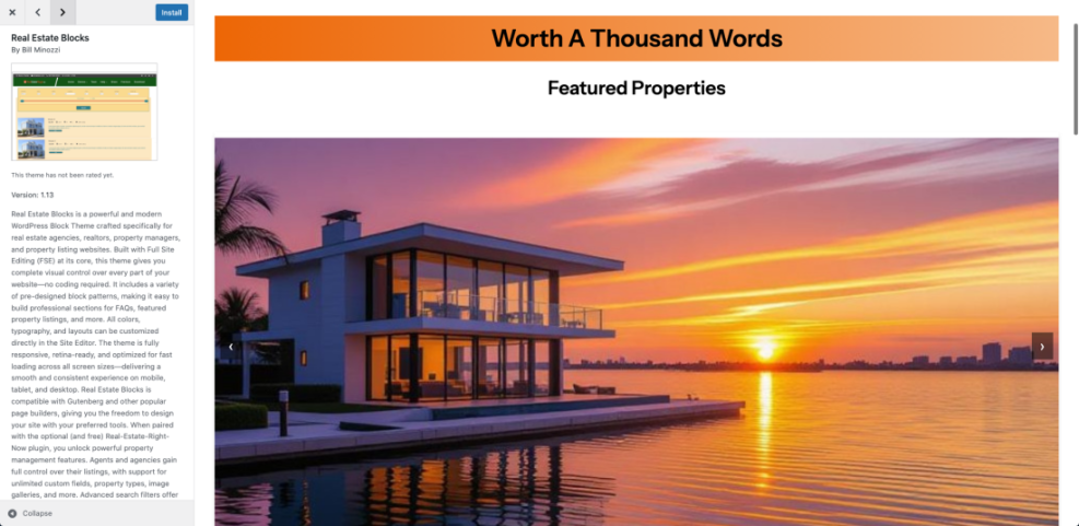 WordPress dashboard showing the Real Estate Blocks theme installation page with description and live preview of a modern house for installation.