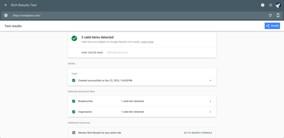 Screenshot of Google Rich Results Test showing a WordPress site with 2 valid schema items: Breadcrumbs and Organization detected.