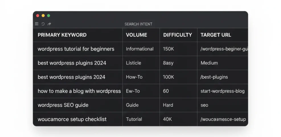 Table displaying WordPress keyword research data: primary keywords, search intent types (Informational, Listicle, How-To), difficulty, and target URLs for SEO.