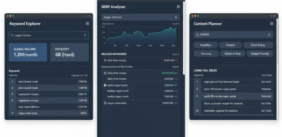 Three interfaces of advanced SEO keyword research tools, showcasing features like global search volume, keyword difficulty, related keyword suggestions, and long-tail content ideas.