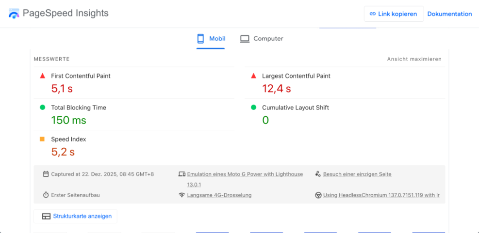 Google PageSpeed Insights mobile report showing poor WordPress performance with high FCP, LCP, and Speed Index values.