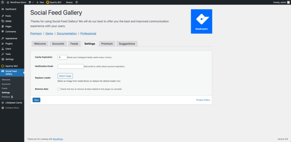 Social Feed Gallery WordPress plugin settings page displaying cache expiration, notification email, and loader options for Instagram feeds.