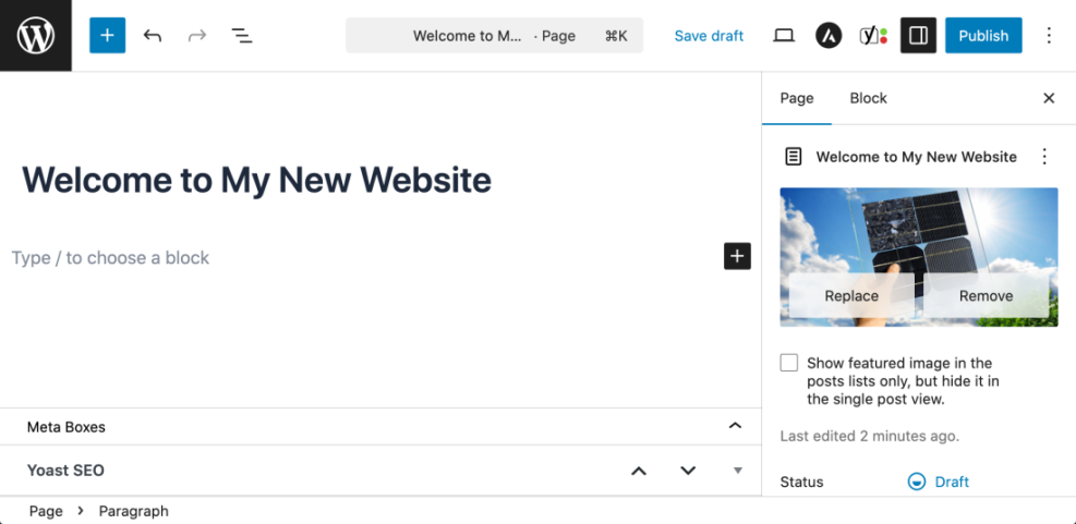 WordPress Gutenberg editor with a new page 'Welcome to My New Website,' showing content area, featured image settings, and publishing options.