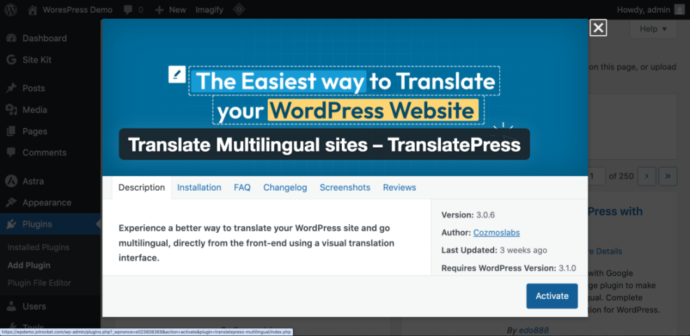 TranslatePress plugin installation modal in WordPress admin, showing 'Activate' button to translate your website.