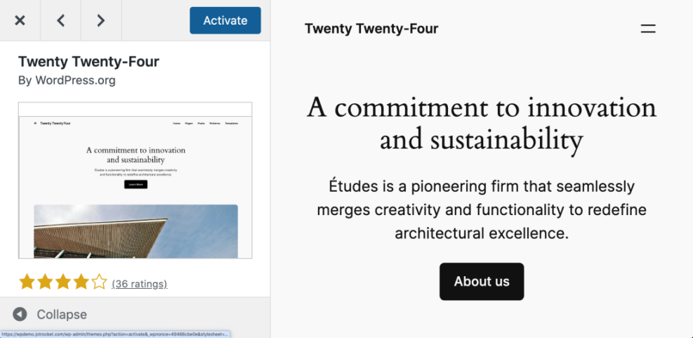 Twenty Twenty-Four WordPress theme preview showing its sleek design, activation interface, and how a modern WordPress theme looks on the frontend.