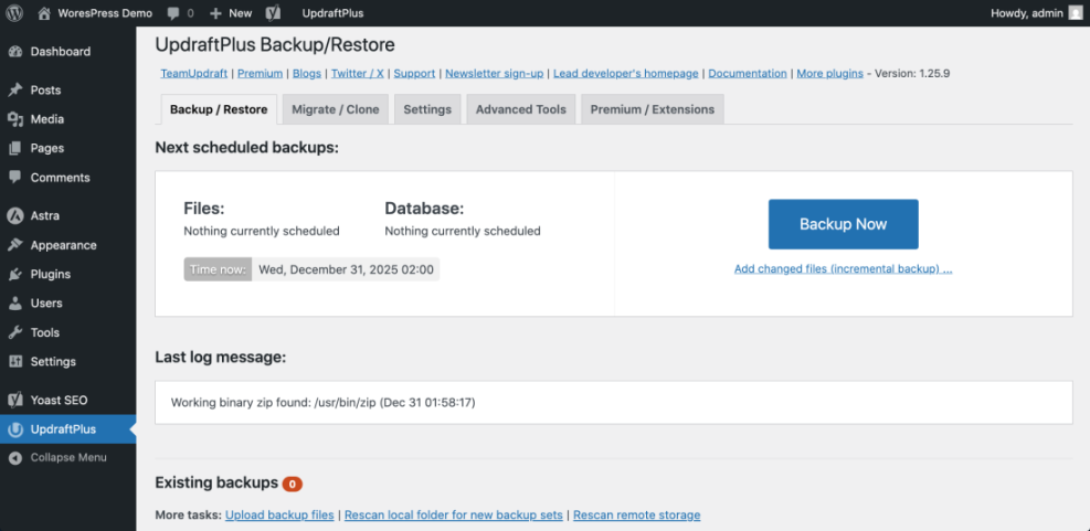 UpdraftPlus WordPress backup and restore screen, showing options for immediate and scheduled site backups, essential for a reliable strategy.