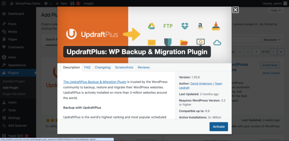 UpdraftPlus plugin details in WordPress admin, highlighting it as a leading WP backup and migration tool with over 3 million active installations.