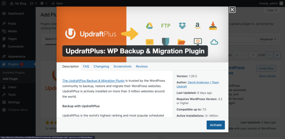 WordPress admin dashboard displaying UpdraftPlus Backup & Migration Plugin details for installation and setup.