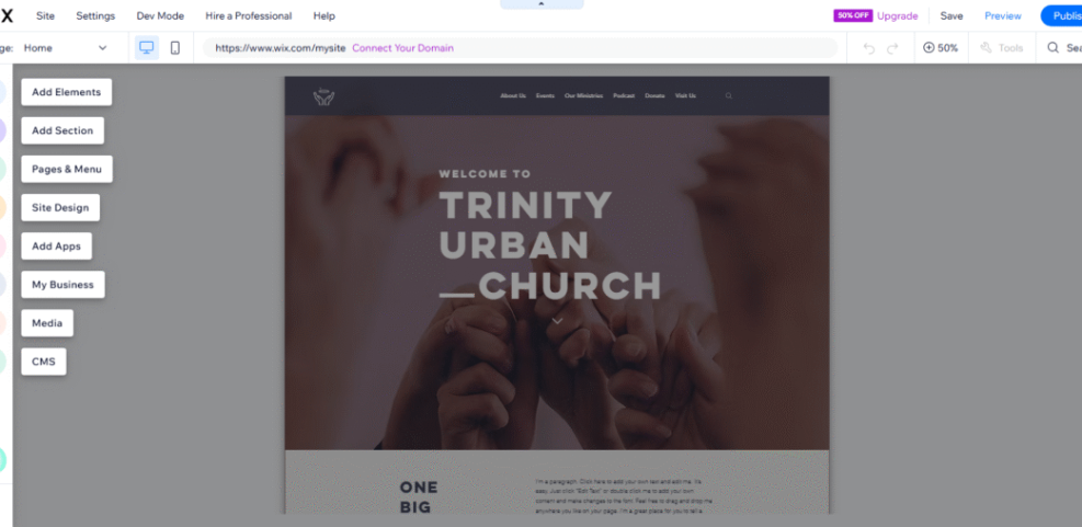 Wix website builder interface displaying a modern church website template, highlighting editing tools and navigation for easy site creation.
