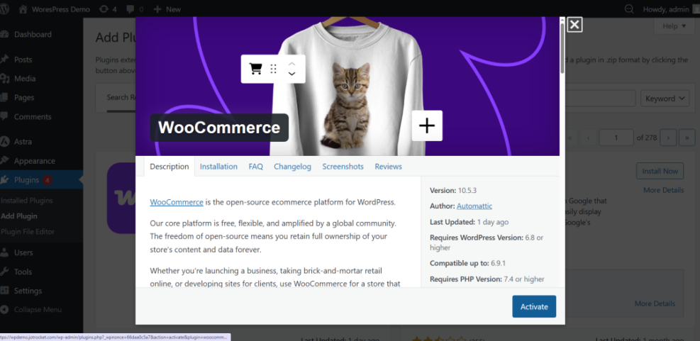 WordPress admin dashboard displaying the WooCommerce plugin details in a modal, with the 'Activate' button ready for selection.