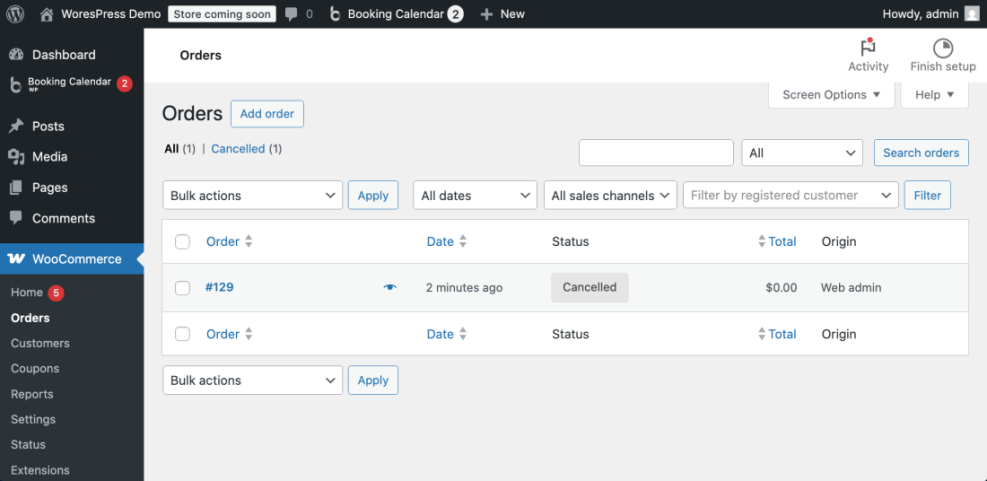 WooCommerce Orders dashboard displaying a cancelled booking, managing customer transactions for an Airbnb-like WordPress website.