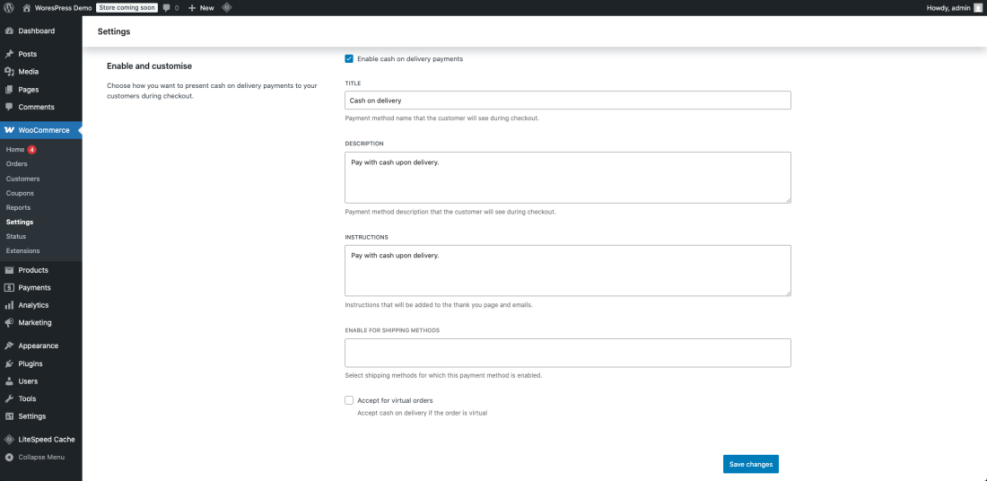 WooCommerce Cash on Delivery payment method settings, demonstrating how to enable and configure this option for your WordPress e-commerce store.