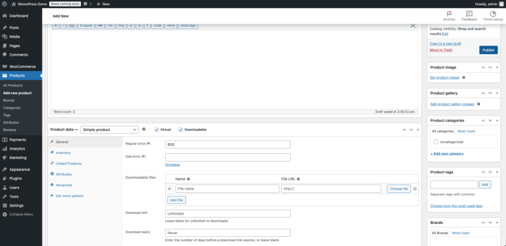 WooCommerce downloadable product setup on WordPress, showing fields for pricing, file uploads, download limits, and expiry.