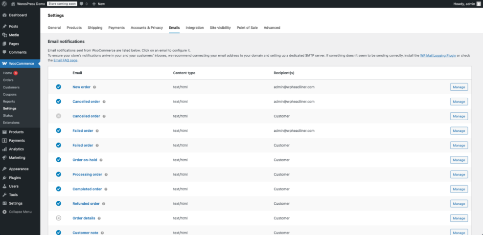 WooCommerce email settings in WordPress showing notifications for new, cancelled, and completed orders, crucial for e-commerce business.