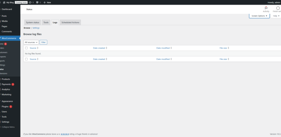 WordPress WooCommerce Status Logs page showing 'No log files found' in the dashboard, relevant for online store maintenance.