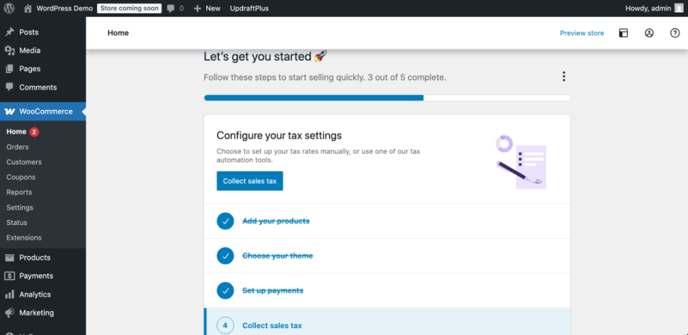 WordPress WooCommerce dashboard showing the 'Configure your tax settings' step for a new online store setup, prompting to collect sales tax.