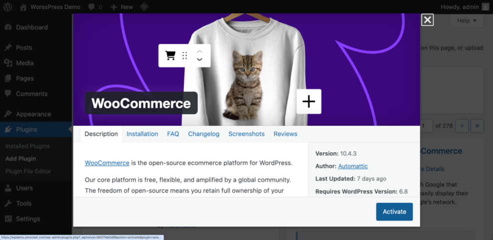 WordPress admin dashboard displaying WooCommerce plugin installation details, the leading e-commerce platform for monetizing a website.