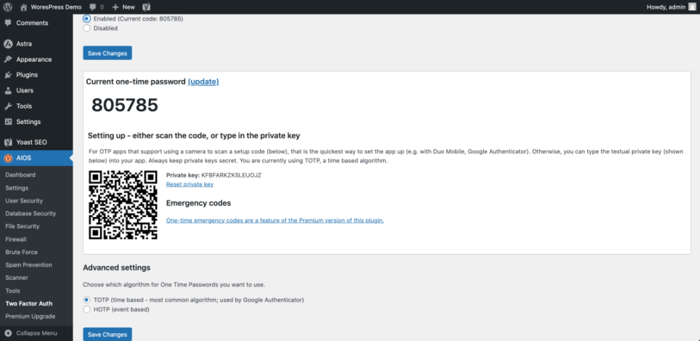 WordPress two-factor authentication setup screen showing QR code, private key, and OTP settings in AIOS plugin for enhanced security.