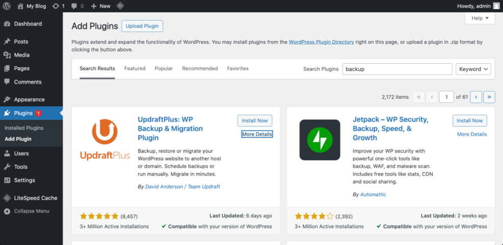 WordPress 'Add Plugins' screen displaying search results for backup plugins, featuring UpdraftPlus and Jetpack.