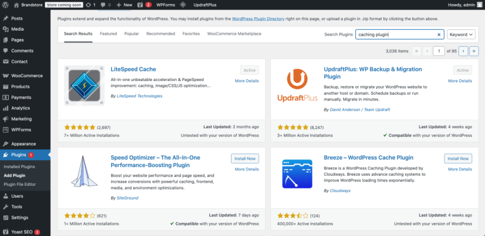 WordPress "Add Plugins" page displaying search results for "caching plugin" with options like LiteSpeed Cache, Speed Optimizer, and Breeze.