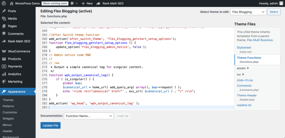 WordPress Theme File Editor displaying PHP code in functions.php to add a canonical tag, an essential SEO practice.