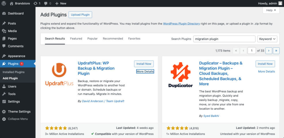 WordPress 'Add Plugins' screen displaying search results for 'migration plugin', featuring UpdraftPlus and Duplicator for site migration and backup.