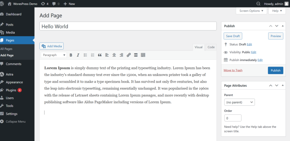 WordPress 'Add Page' screen, displaying the classic editor interface with a new page titled 'Hello World' and sample Lorem Ipsum text.