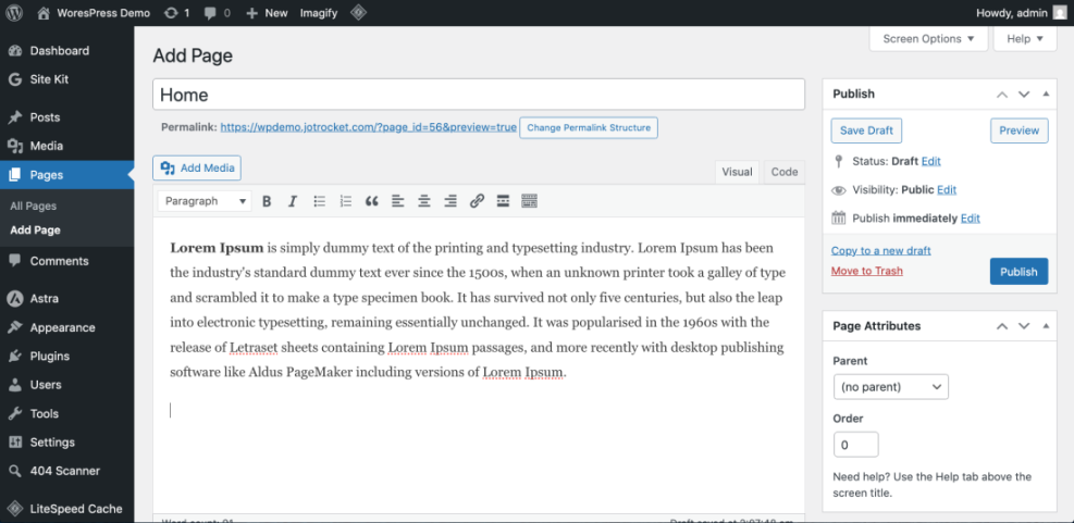 WordPress 'Add Page' interface for building a website, displaying the page title 'Home' and the content editor.