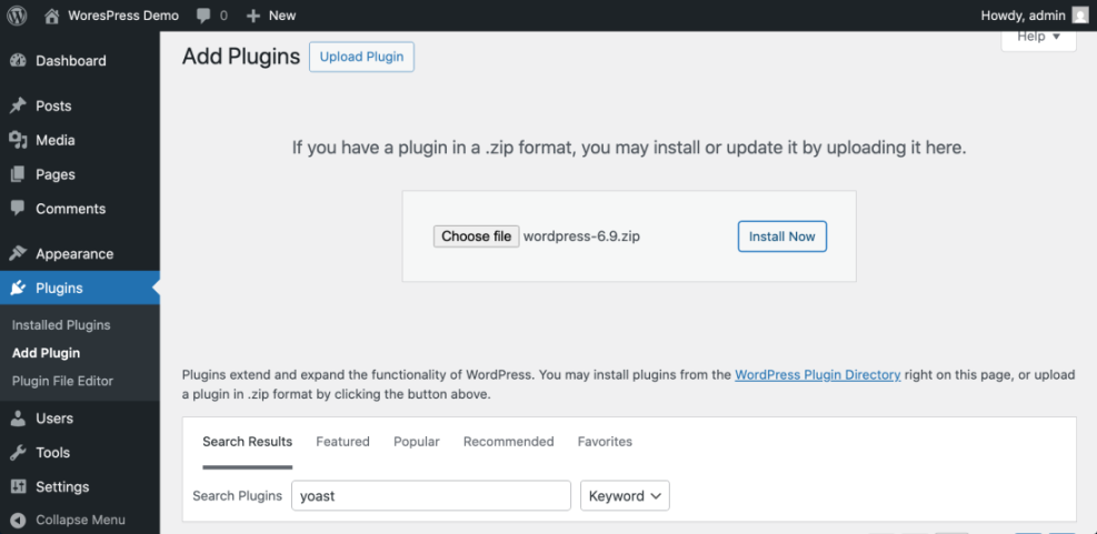 How to add WordPress plugins using the 'Upload Plugin' option or by searching the directory from the admin dashboard.