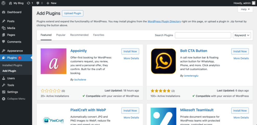 WordPress 'Add Plugins' screen displaying a selection of plugins like Appointly and Bolt CTA Button available for installation.