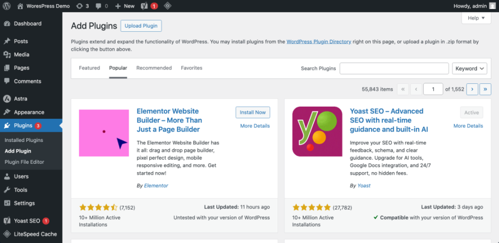 WordPress Add Plugins screen showing popular plugins like Elementor and Yoast SEO, a key step for a new WordPress website.