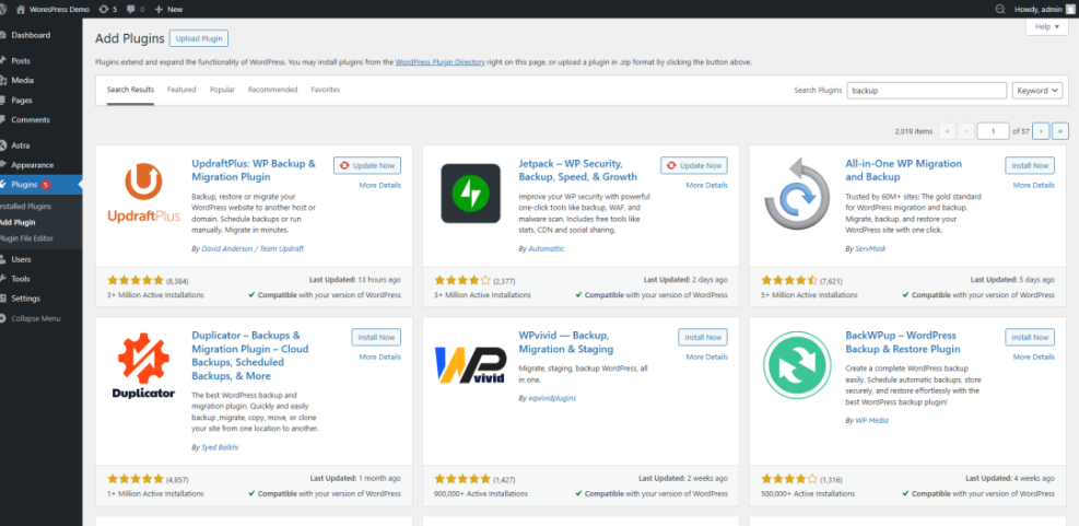 WordPress admin 'Add Plugins' screen displaying search results for 'backup' plugins like UpdraftPlus, Jetpack, and Duplicator.