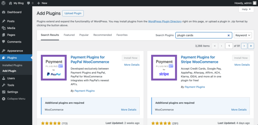 WordPress 'Add Plugins' screen showing the search interface and results for payment plugins like PayPal and Stripe for WooCommerce.